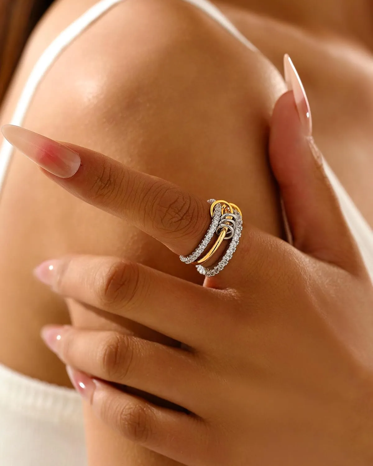 Gold Stackable Rings for Women, Gold Silver Ring Stack Set, Mixed Metal Stacked, Two Tone Connected, Dainty Interlocking Statement Finger Rings Jewelry