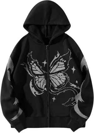 GORGLITTER Women's Y2k Butterfly Zip Up Hoodie Oversized Graphic Grunge Aesthetic Hooded Sweatshirt
