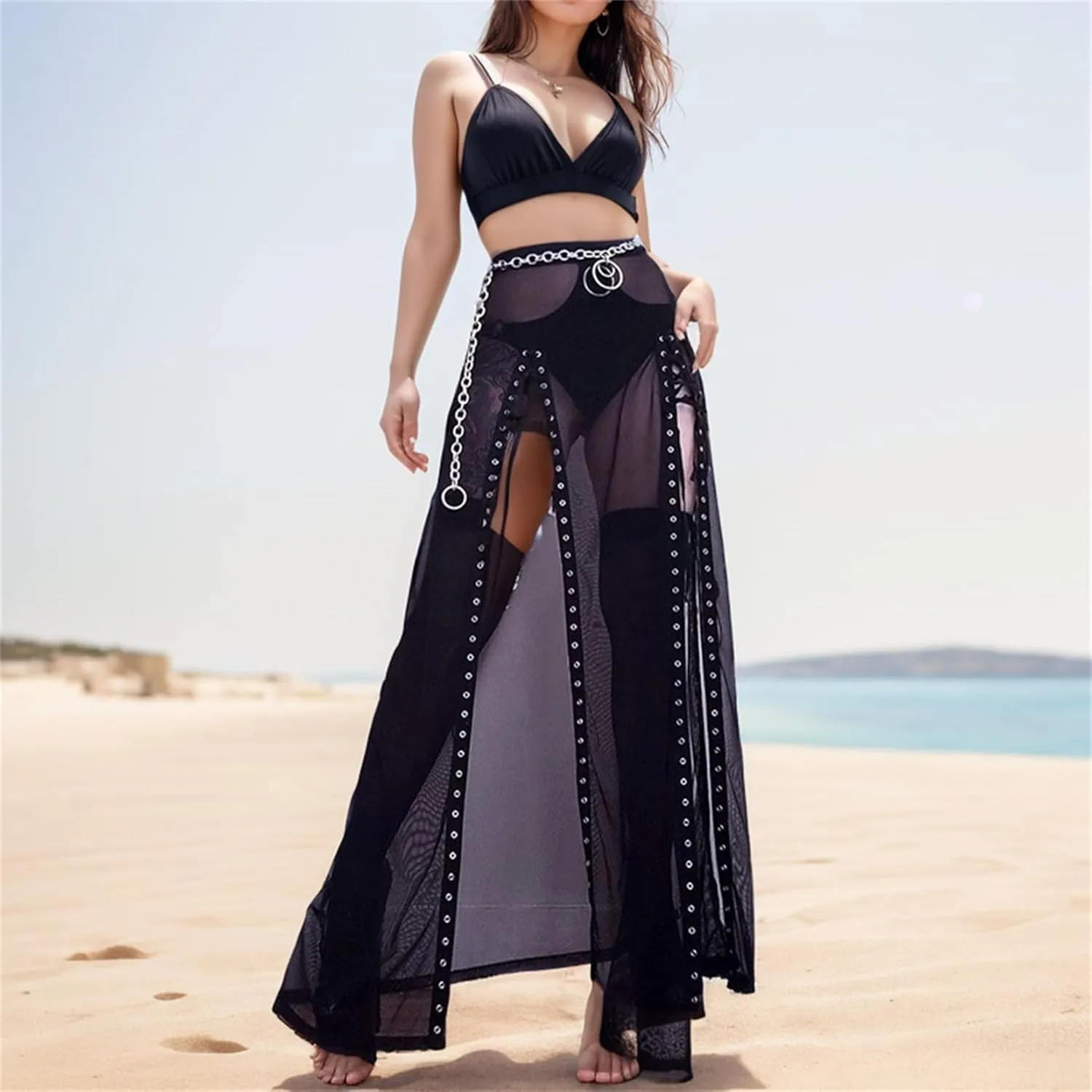 Goth Double Slit Skirts for Women Punk Black Long Maxi Sheer Mesh Y2k