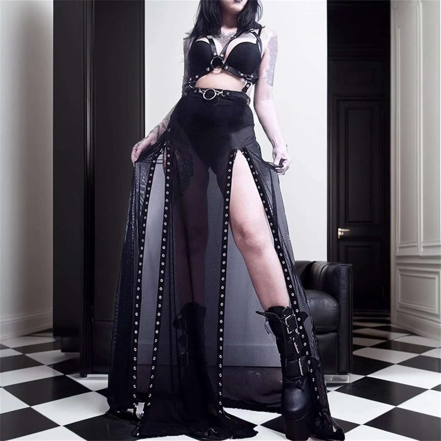 Goth Double Slit Skirts for Women Punk Black Long Maxi Sheer Mesh Y2k