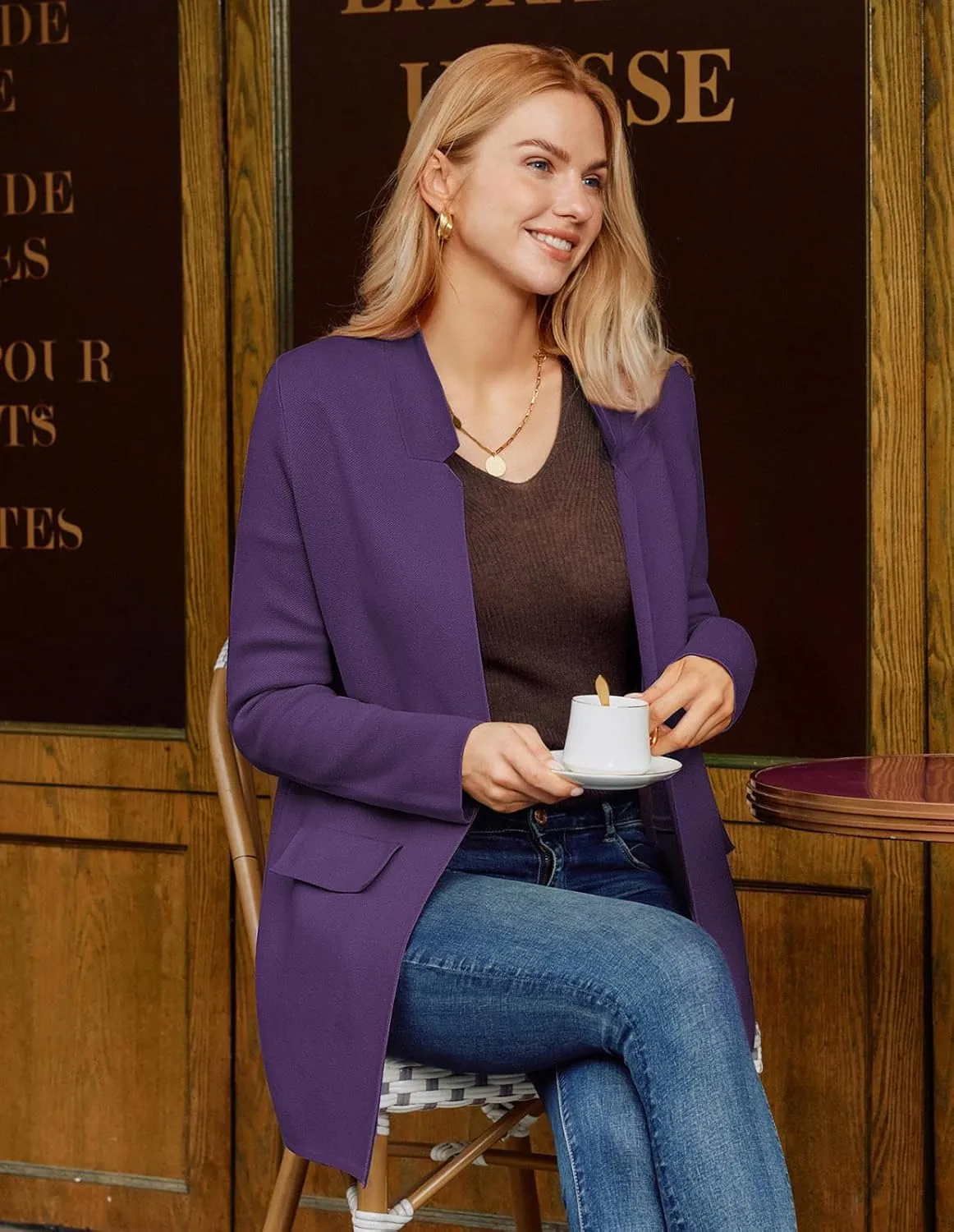 GRACE KARIN Women's 2025 Long Sleeve Knit Cardigan Coat Open Front Notch Collar Sweater Blazer Coatigan Jackets