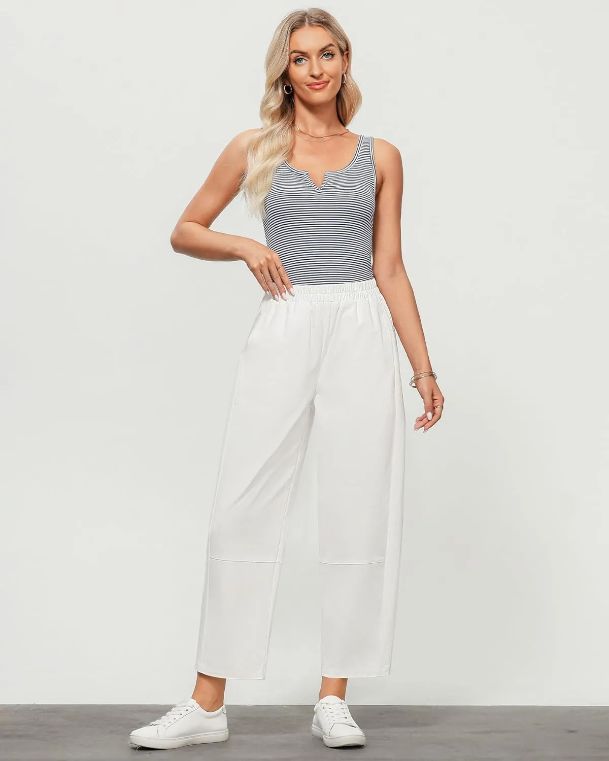 GRAPENT Wide Leg Pants Woman High Waisted Trendy Cropped Barrel Pull On Baggy Elastic Waist Loose Fit Pants with Pockets