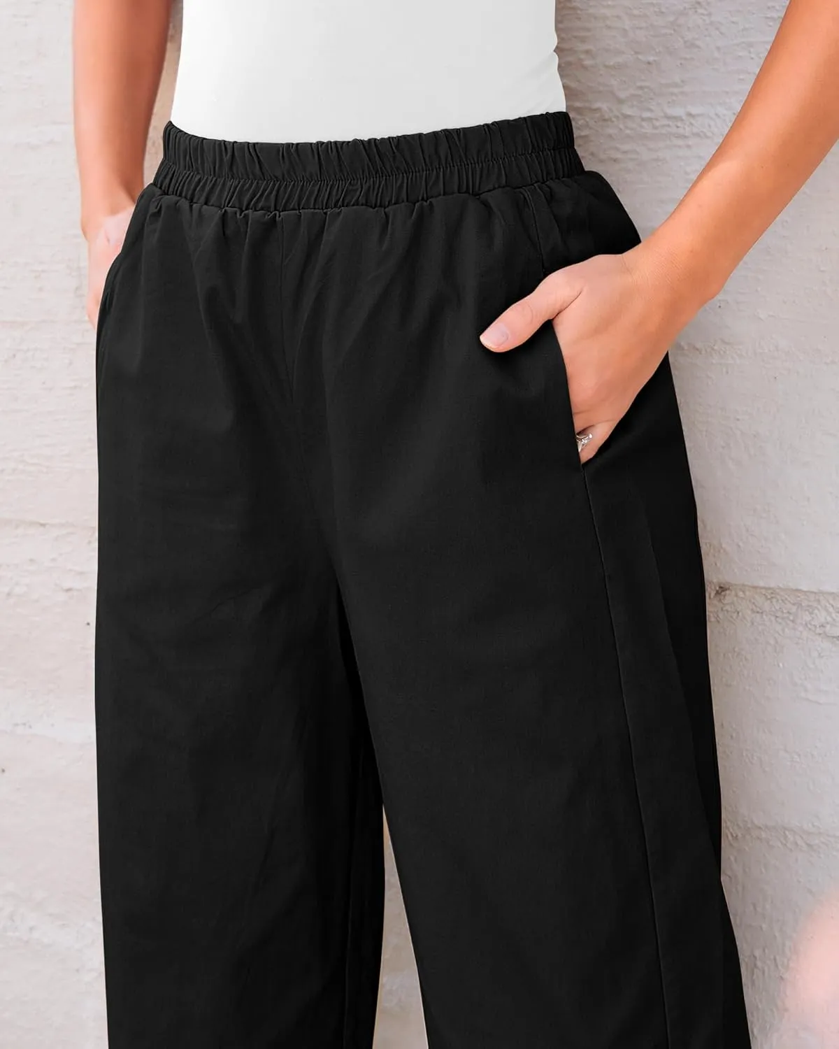 GRAPENT Wide Leg Pants Woman High Waisted Trendy Cropped Barrel Pull On Baggy Elastic Waist Loose Fit Pants with Pockets