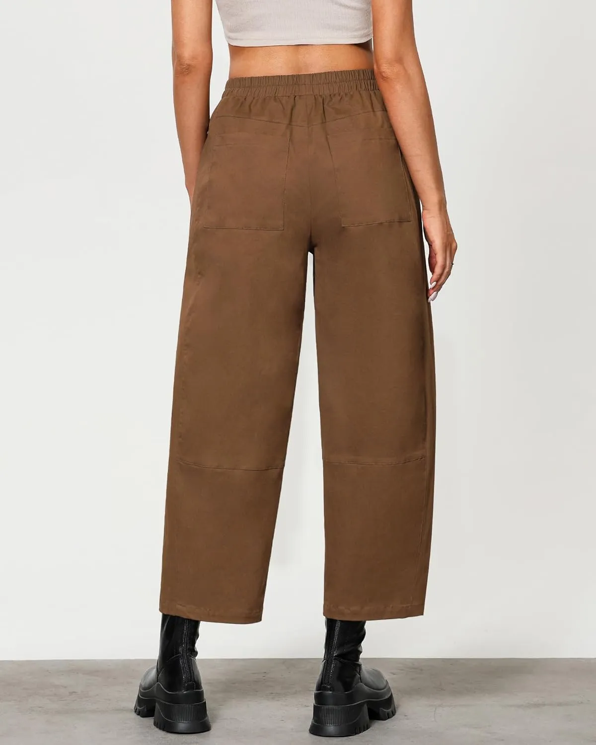 GRAPENT Wide Leg Pants Woman High Waisted Trendy Cropped Barrel Pull On Baggy Elastic Waist Loose Fit Pants with Pockets