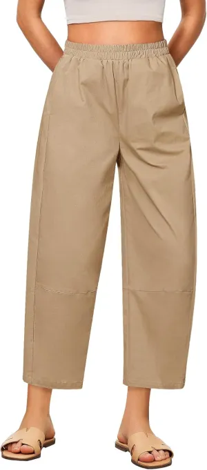 GRAPENT Wide Leg Pants Woman High Waisted Trendy Cropped Barrel Pull On Baggy Elastic Waist Loose Fit Pants with Pockets