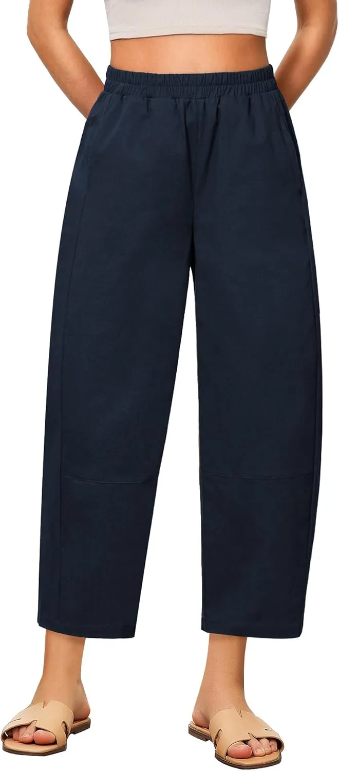 GRAPENT Wide Leg Pants Woman High Waisted Trendy Cropped Barrel Pull On Baggy Elastic Waist Loose Fit Pants with Pockets
