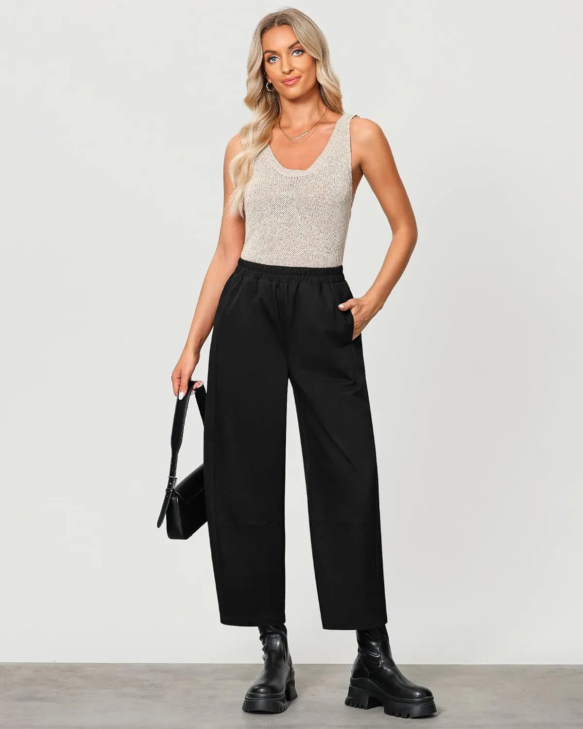GRAPENT Wide Leg Pants Woman High Waisted Trendy Cropped Barrel Pull On Baggy Elastic Waist Loose Fit Pants with Pockets
