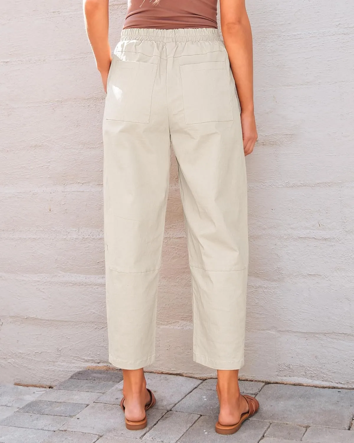 GRAPENT Wide Leg Pants Woman High Waisted Trendy Cropped Barrel Pull On Baggy Elastic Waist Loose Fit Pants with Pockets