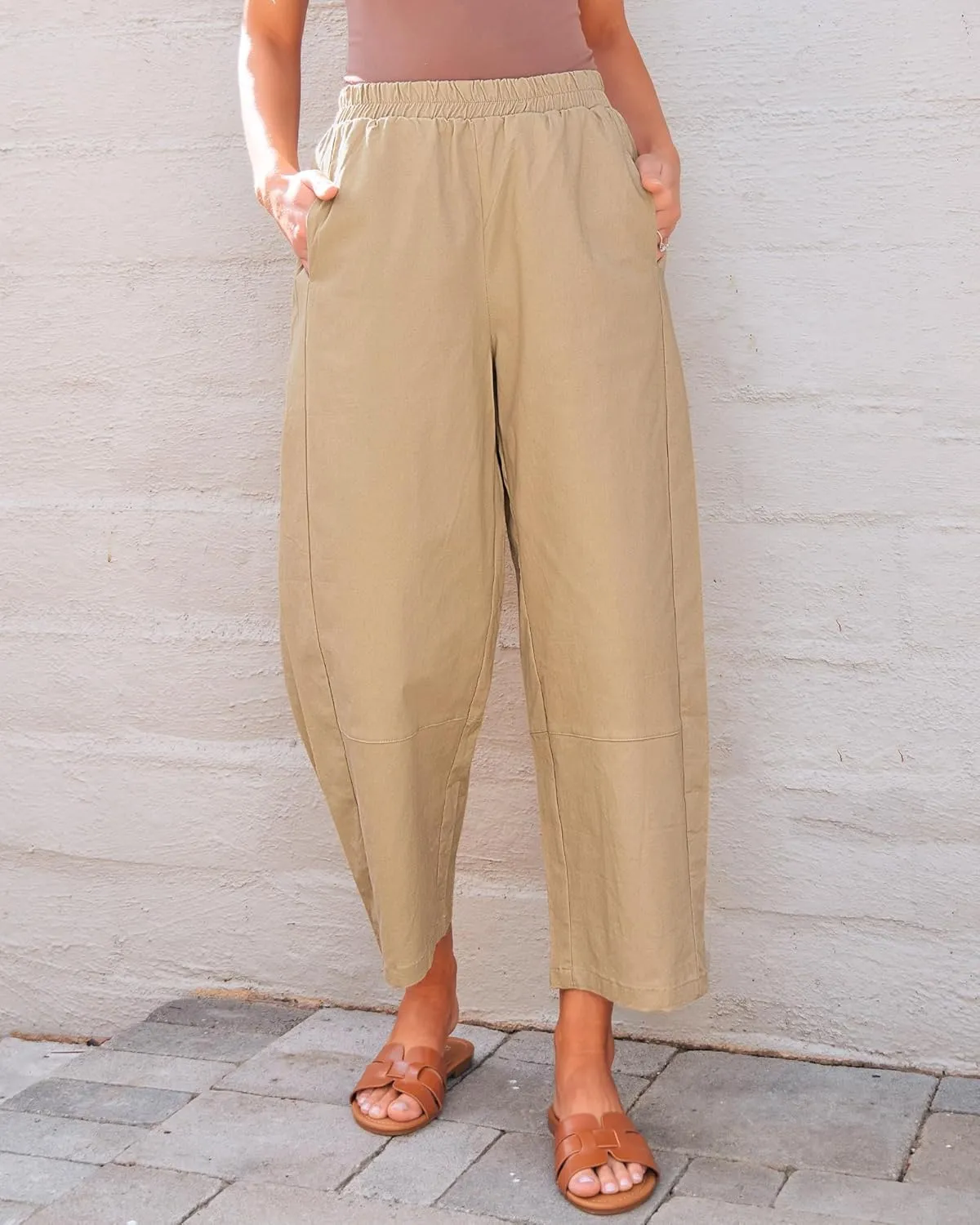 GRAPENT Wide Leg Pants Woman High Waisted Trendy Cropped Barrel Pull On Baggy Elastic Waist Loose Fit Pants with Pockets