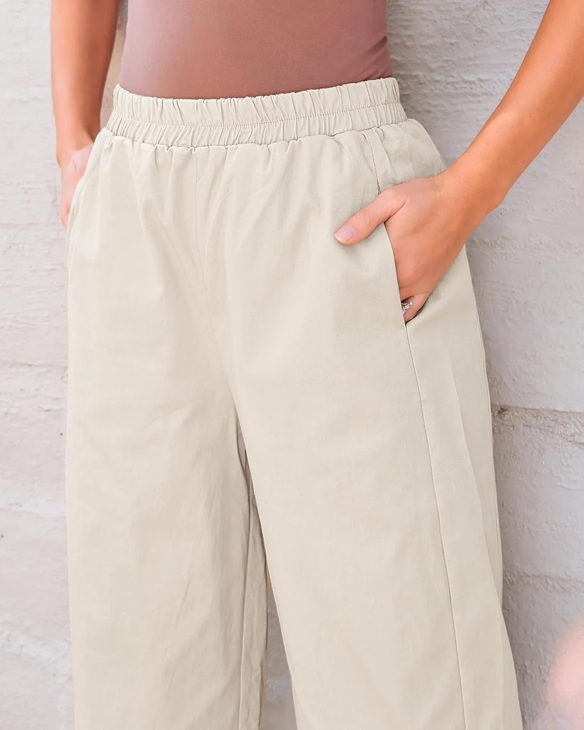 GRAPENT Wide Leg Pants Woman High Waisted Trendy Cropped Barrel Pull On Baggy Elastic Waist Loose Fit Pants with Pockets
