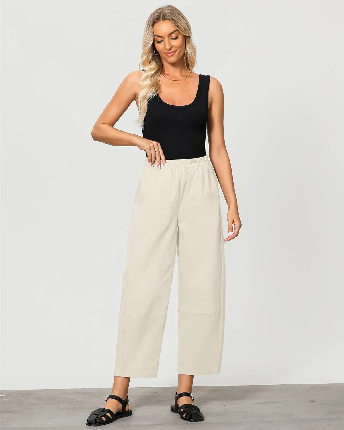 GRAPENT Wide Leg Pants Woman High Waisted Trendy Cropped Barrel Pull On Baggy Elastic Waist Loose Fit Pants with Pockets