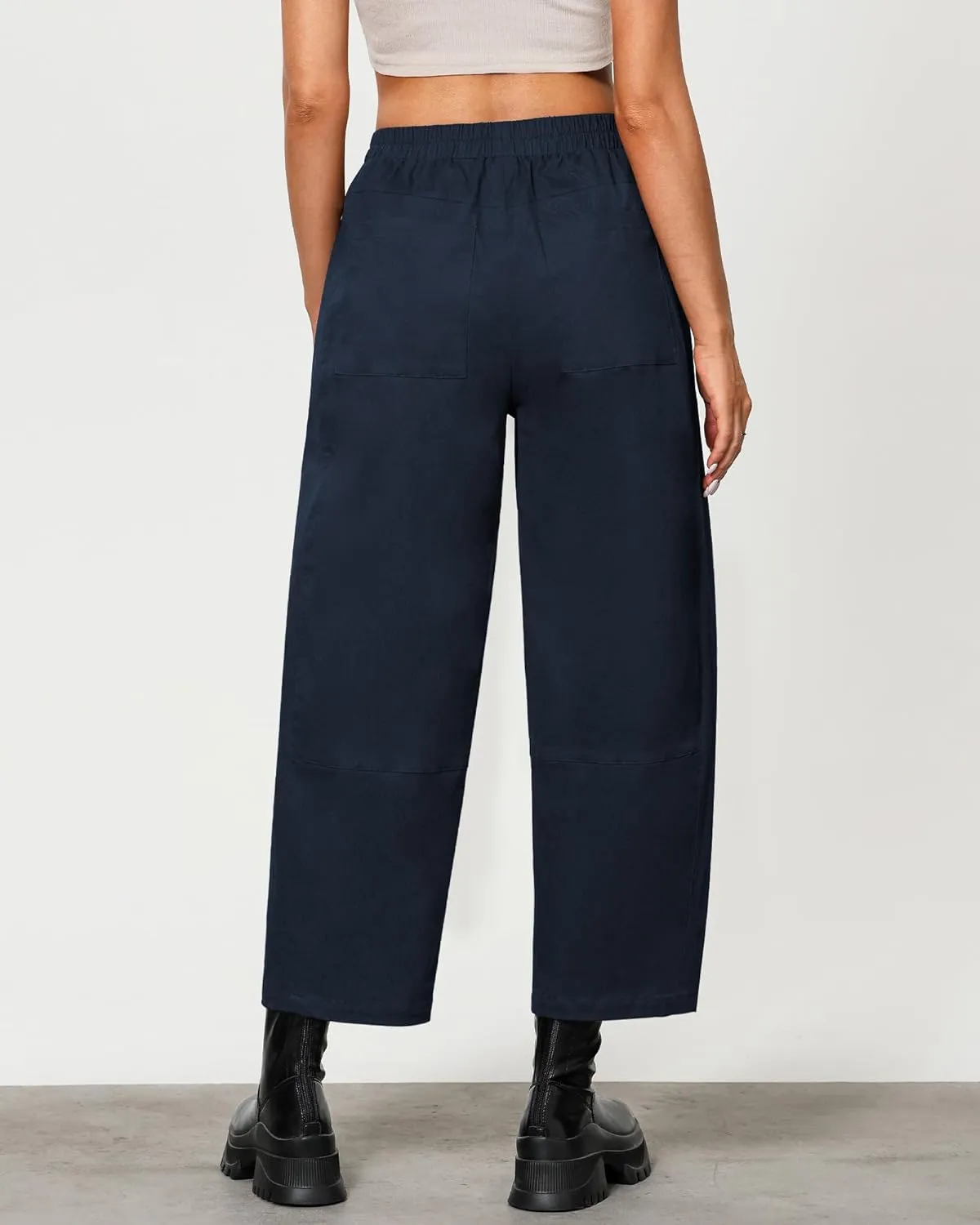 GRAPENT Wide Leg Pants Woman High Waisted Trendy Cropped Barrel Pull On Baggy Elastic Waist Loose Fit Pants with Pockets