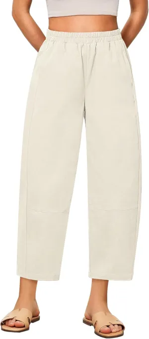 GRAPENT Wide Leg Pants Woman High Waisted Trendy Cropped Barrel Pull On Baggy Elastic Waist Loose Fit Pants with Pockets