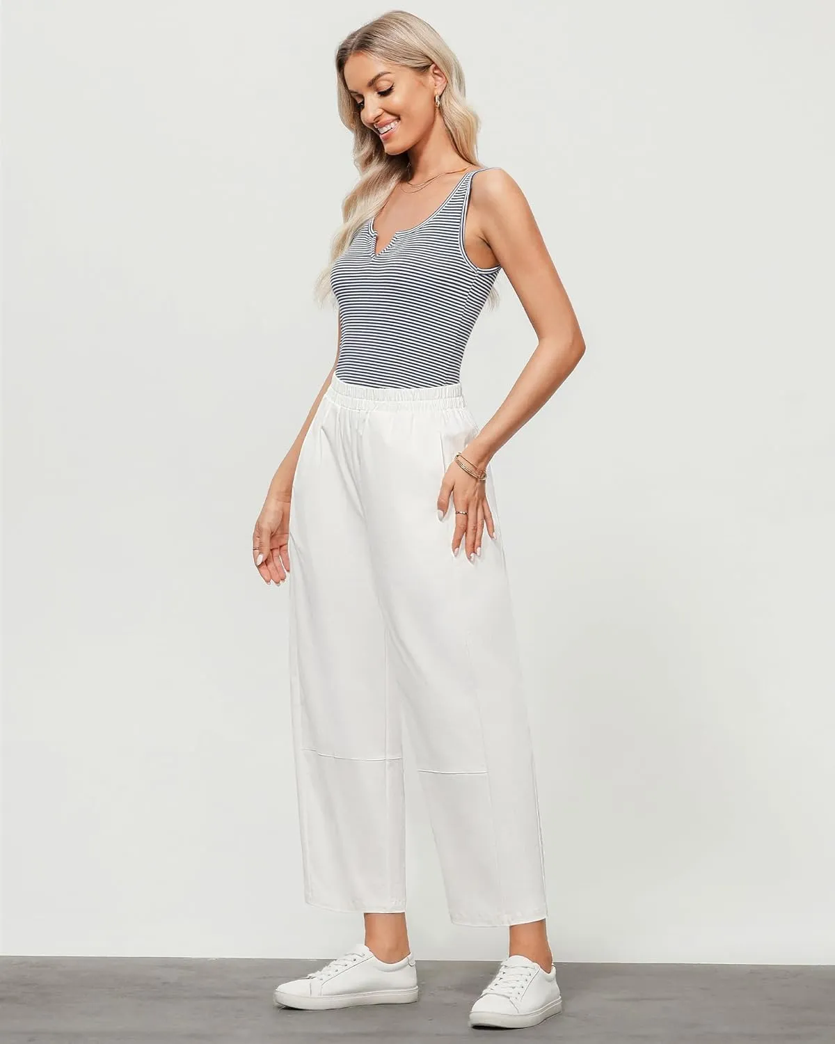 GRAPENT Wide Leg Pants Woman High Waisted Trendy Cropped Barrel Pull On Baggy Elastic Waist Loose Fit Pants with Pockets