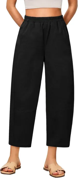 GRAPENT Wide Leg Pants Woman High Waisted Trendy Cropped Barrel Pull On Baggy Elastic Waist Loose Fit Pants with Pockets