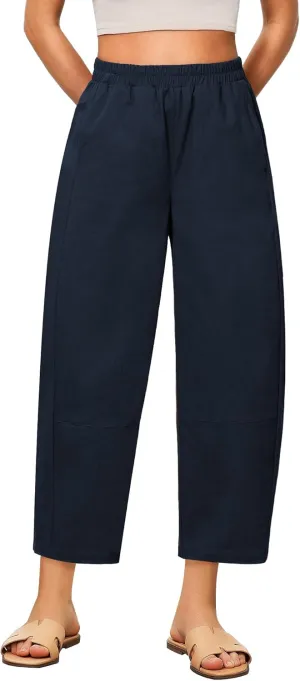 GRAPENT Wide Leg Pants Woman High Waisted Trendy Cropped Barrel Pull On Baggy Elastic Waist Loose Fit Pants with Pockets