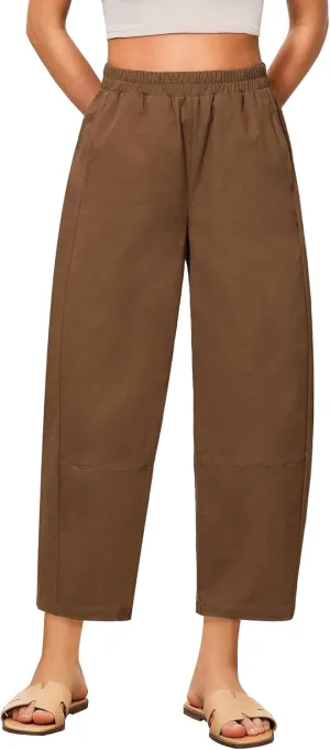 GRAPENT Wide Leg Pants Woman High Waisted Trendy Cropped Barrel Pull On Baggy Elastic Waist Loose Fit Pants with Pockets