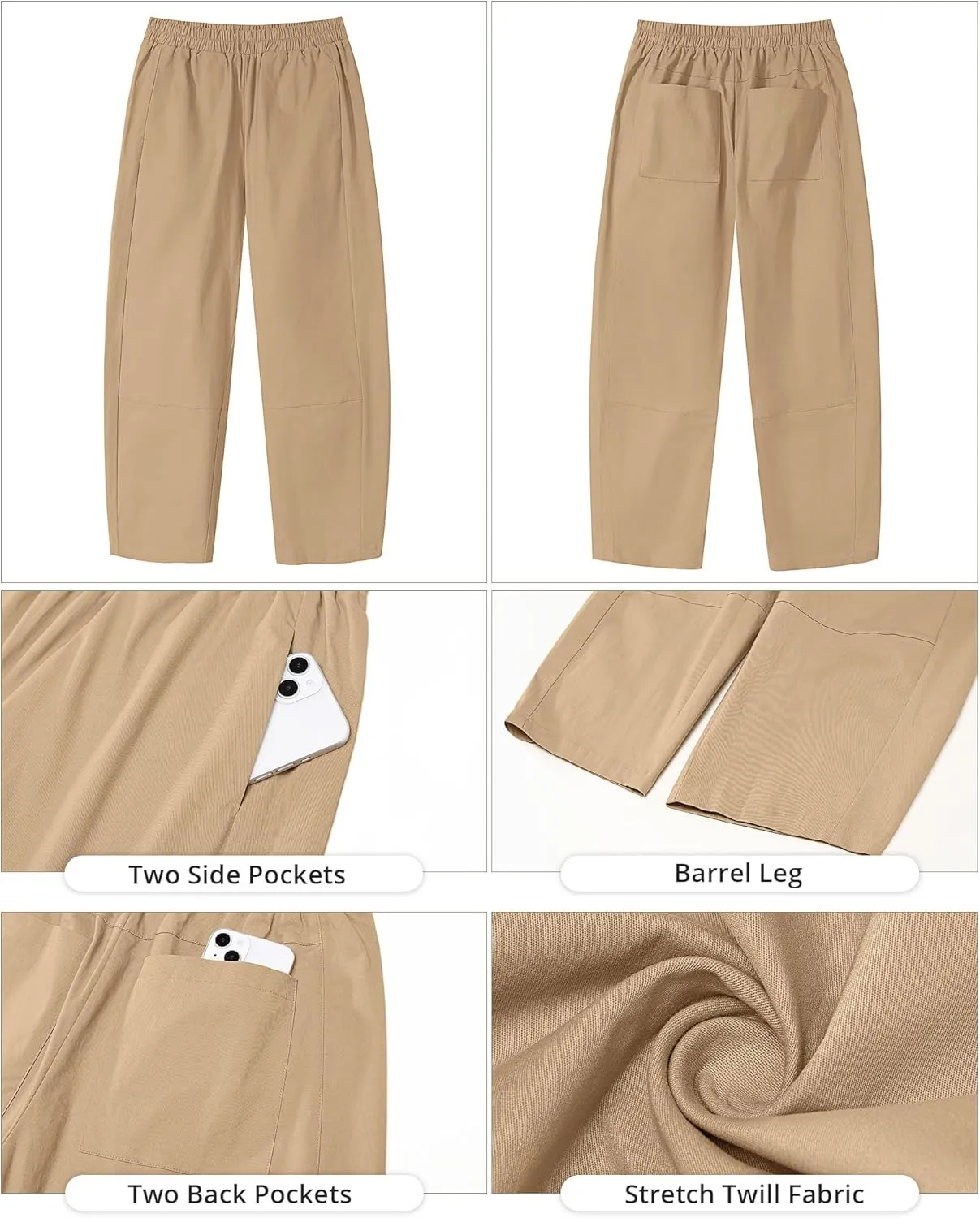 GRAPENT Wide Leg Pants Woman High Waisted Trendy Cropped Barrel Pull On Baggy Elastic Waist Loose Fit Pants with Pockets