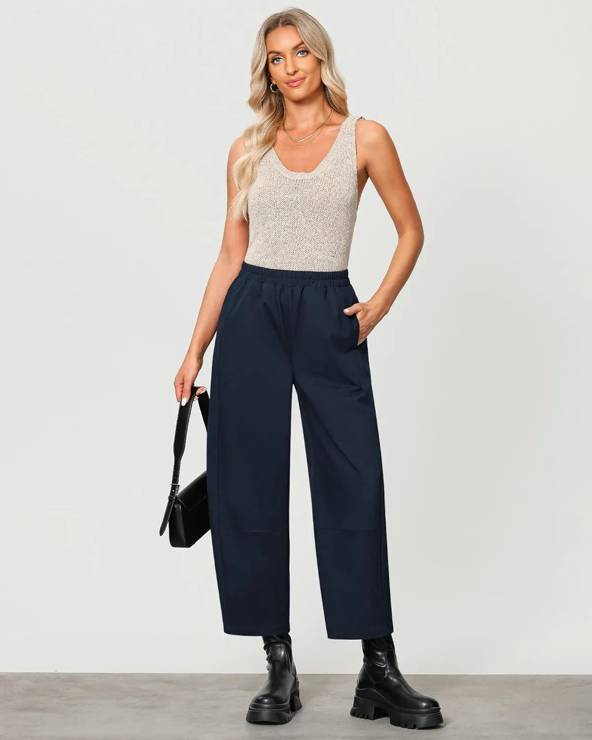 GRAPENT Wide Leg Pants Woman High Waisted Trendy Cropped Barrel Pull On Baggy Elastic Waist Loose Fit Pants with Pockets