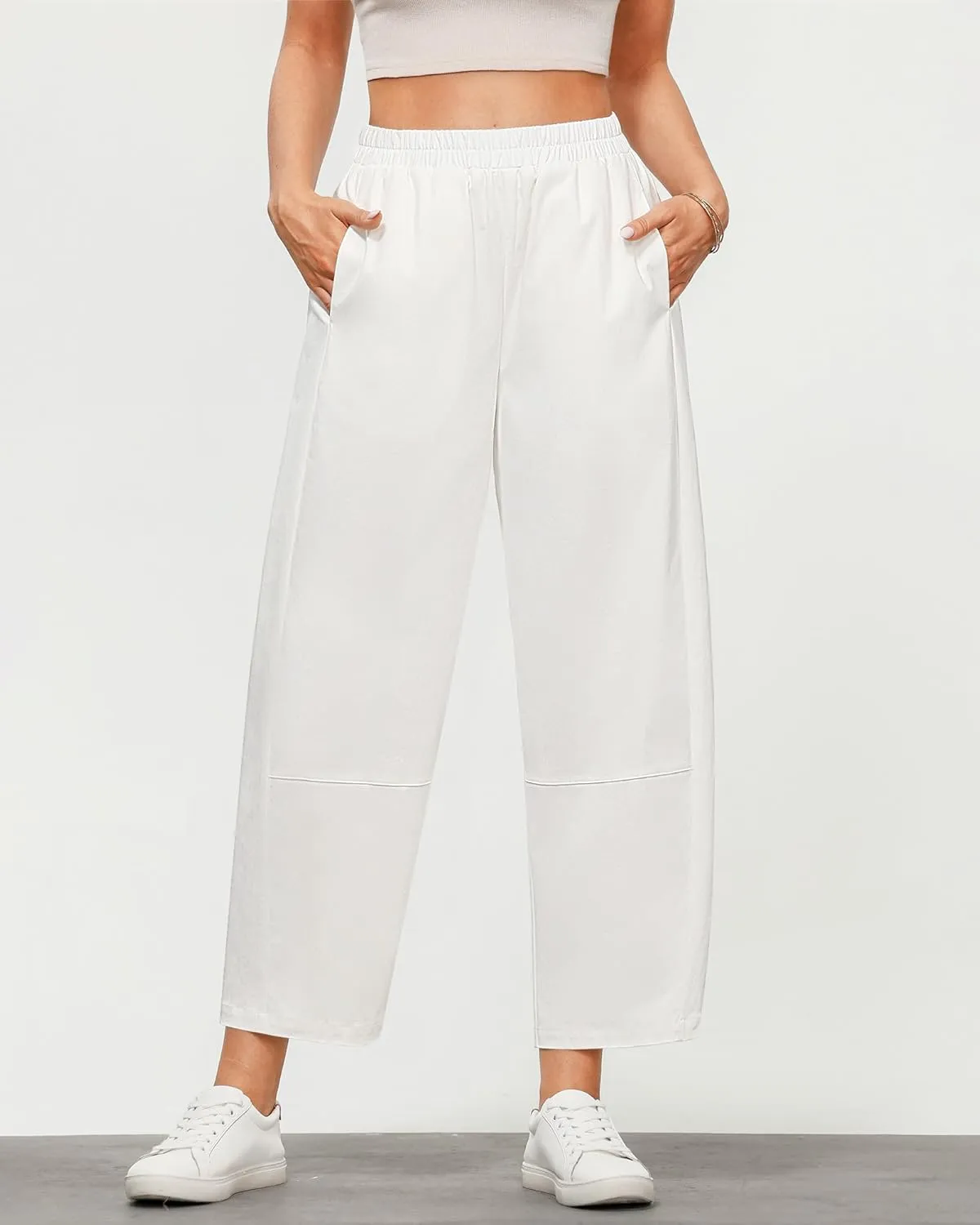 GRAPENT Wide Leg Pants Woman High Waisted Trendy Cropped Barrel Pull On Baggy Elastic Waist Loose Fit Pants with Pockets