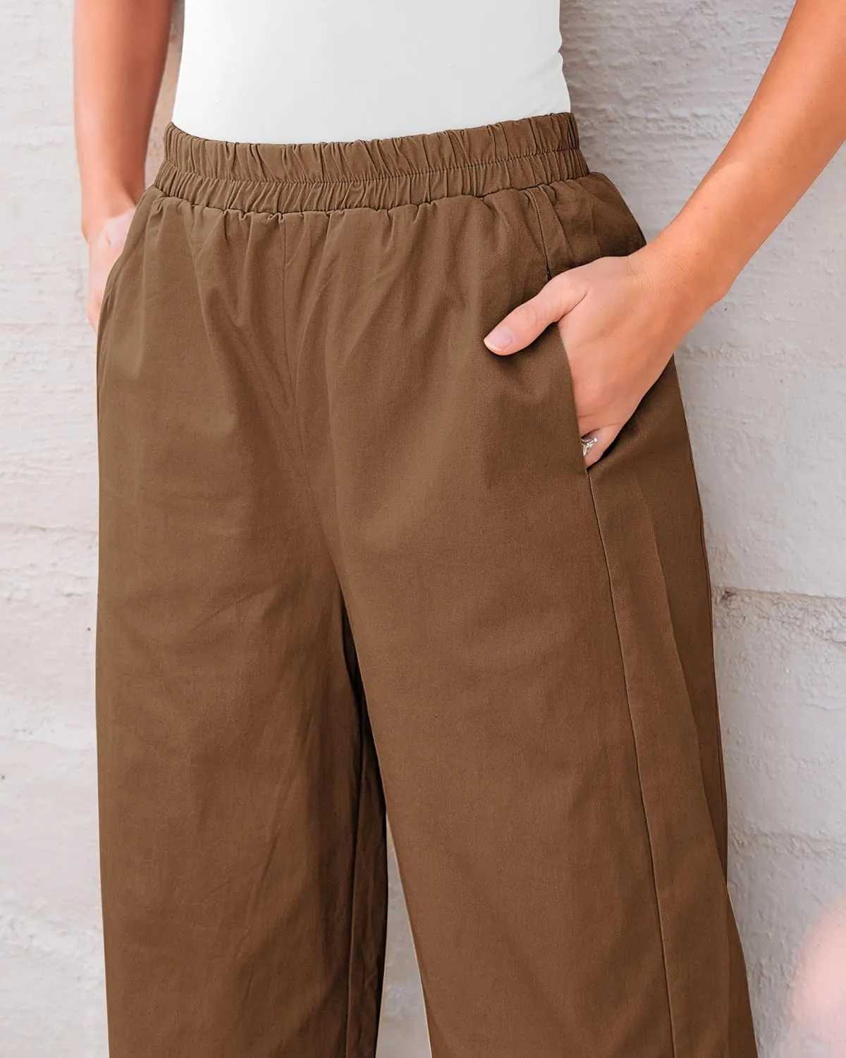GRAPENT Wide Leg Pants Woman High Waisted Trendy Cropped Barrel Pull On Baggy Elastic Waist Loose Fit Pants with Pockets