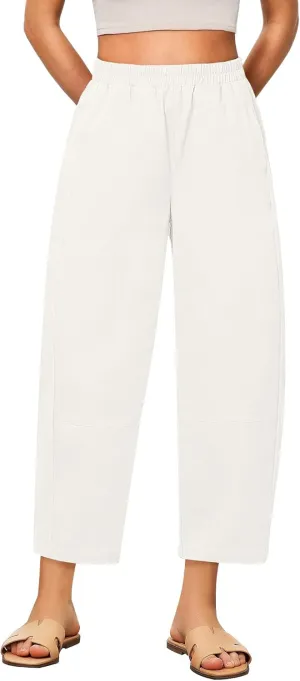 GRAPENT Wide Leg Pants Woman High Waisted Trendy Cropped Barrel Pull On Baggy Elastic Waist Loose Fit Pants with Pockets