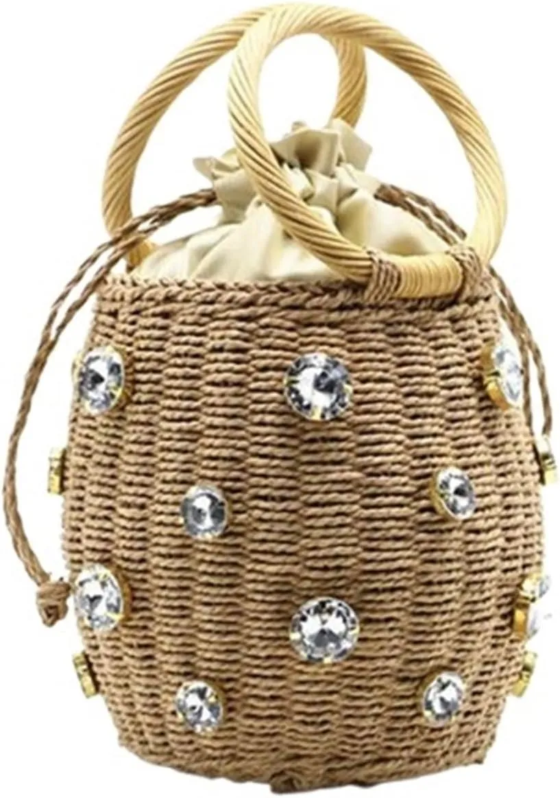 Green Diamonds Straw Handbags for Women Hand-Woven Rattan Bag Female Tote Bag Summer Holiday Bohemia Beach Bag(Brown)