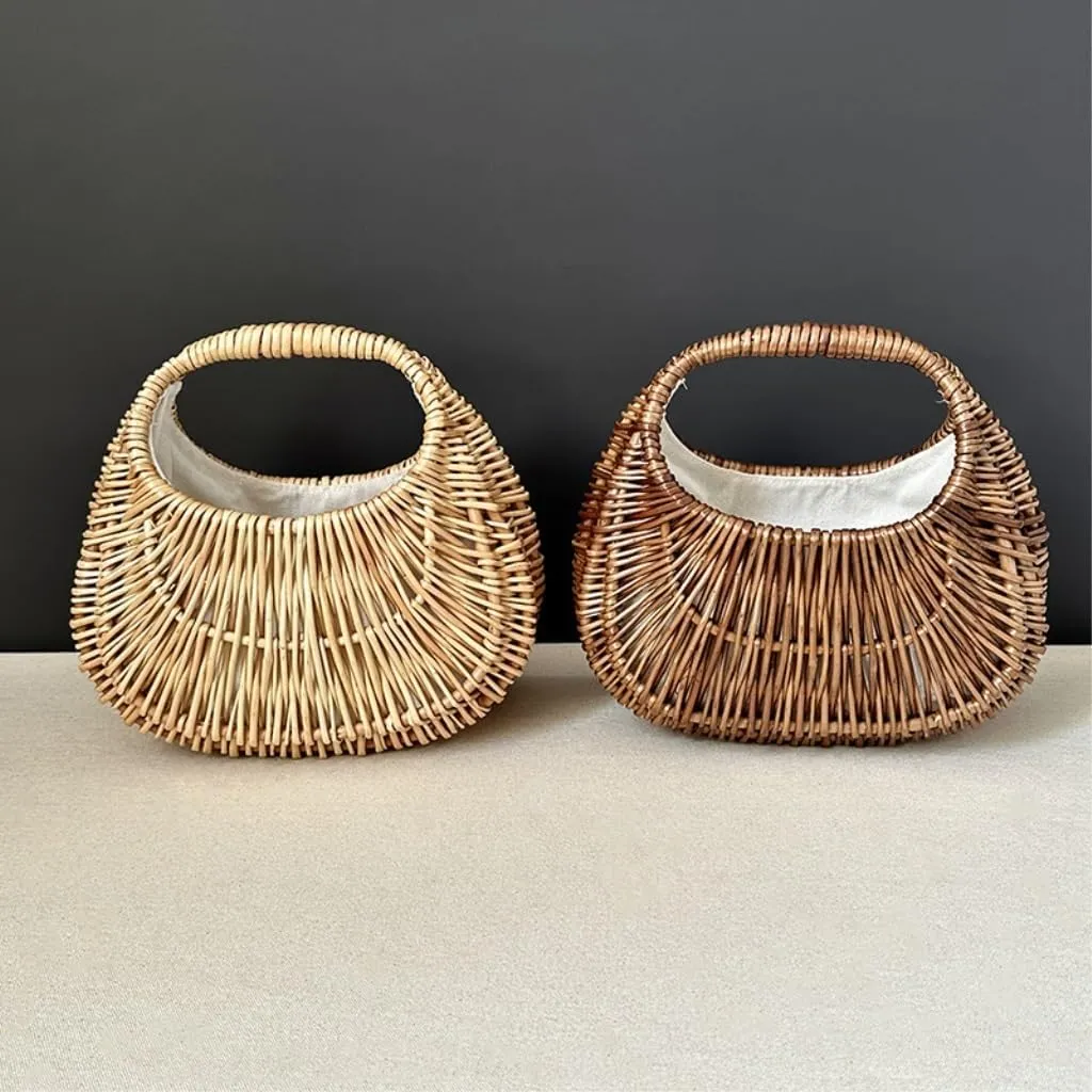 Handbag 2023 New Rattan Bag Hand-held Straw Bag Ladies Basket Retro Woven Bag Women's Bag Straw Bags(Brown)