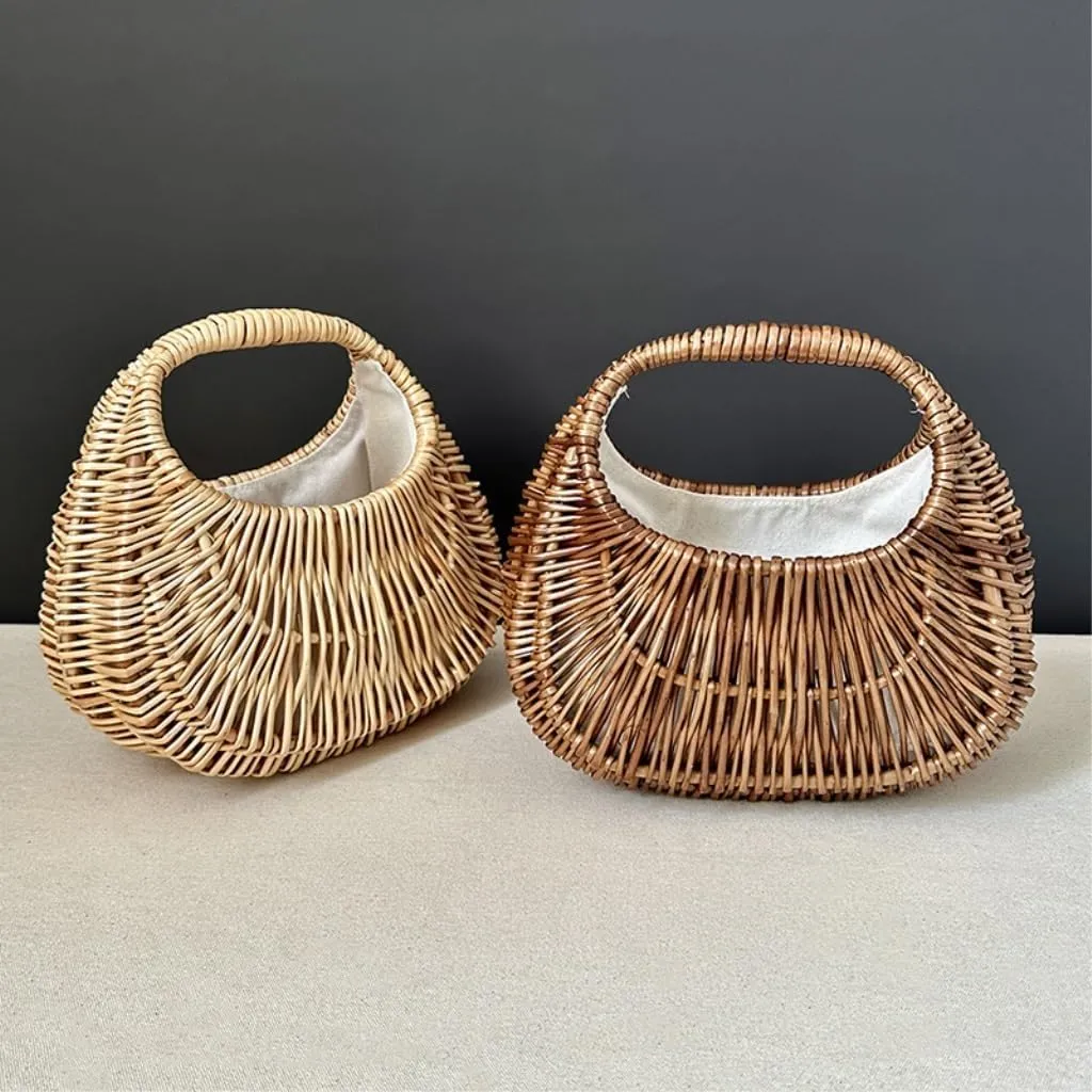 Handbag 2023 New Rattan Bag Hand-held Straw Bag Ladies Basket Retro Woven Bag Women's Bag Straw Bags(Brown)