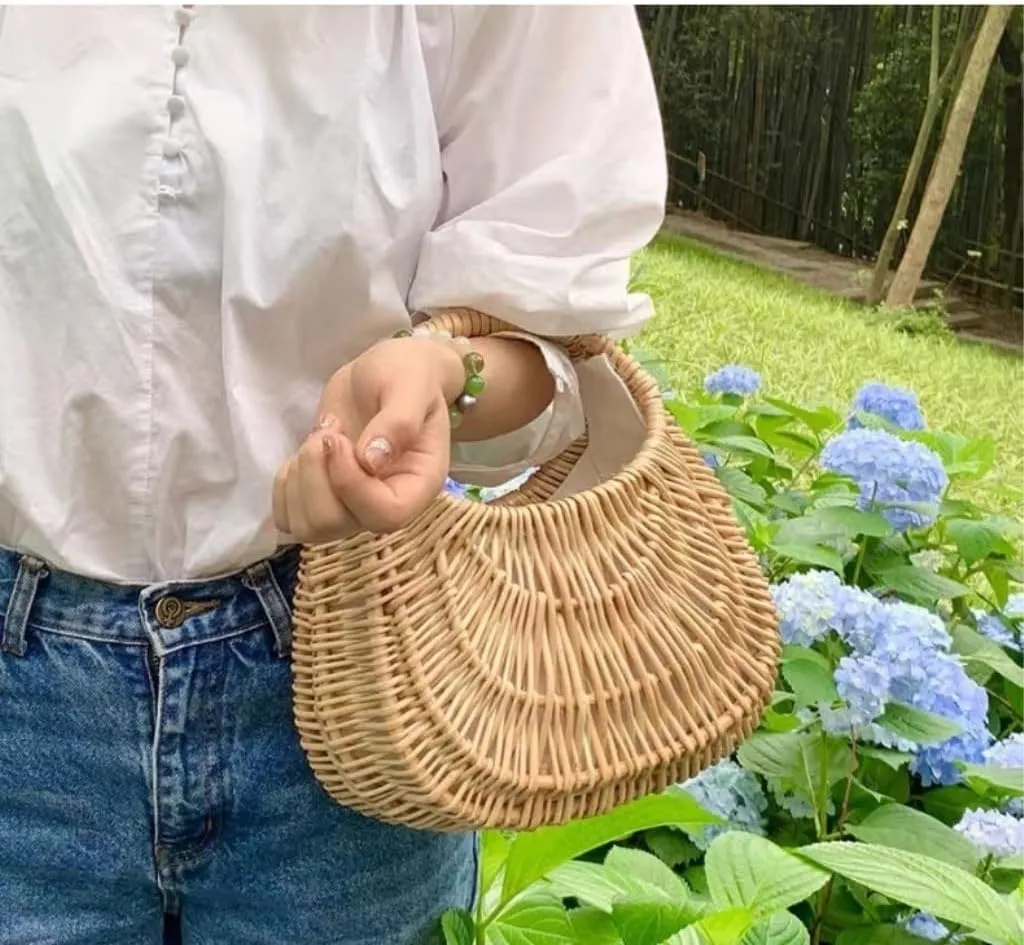 Handbag 2023 New Rattan Bag Hand-held Straw Bag Ladies Basket Retro Woven Bag Women's Bag Straw Bags(Brown)
