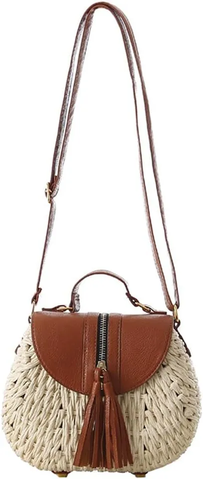 Handwoven Round Rattan Bag Beach Style Woven Shoulder Bag with Leather Strap