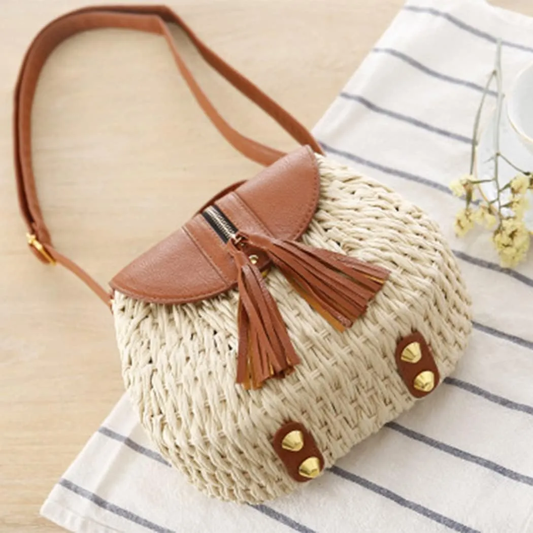 Handwoven Round Rattan Bag Beach Style Woven Shoulder Bag with Leather Strap