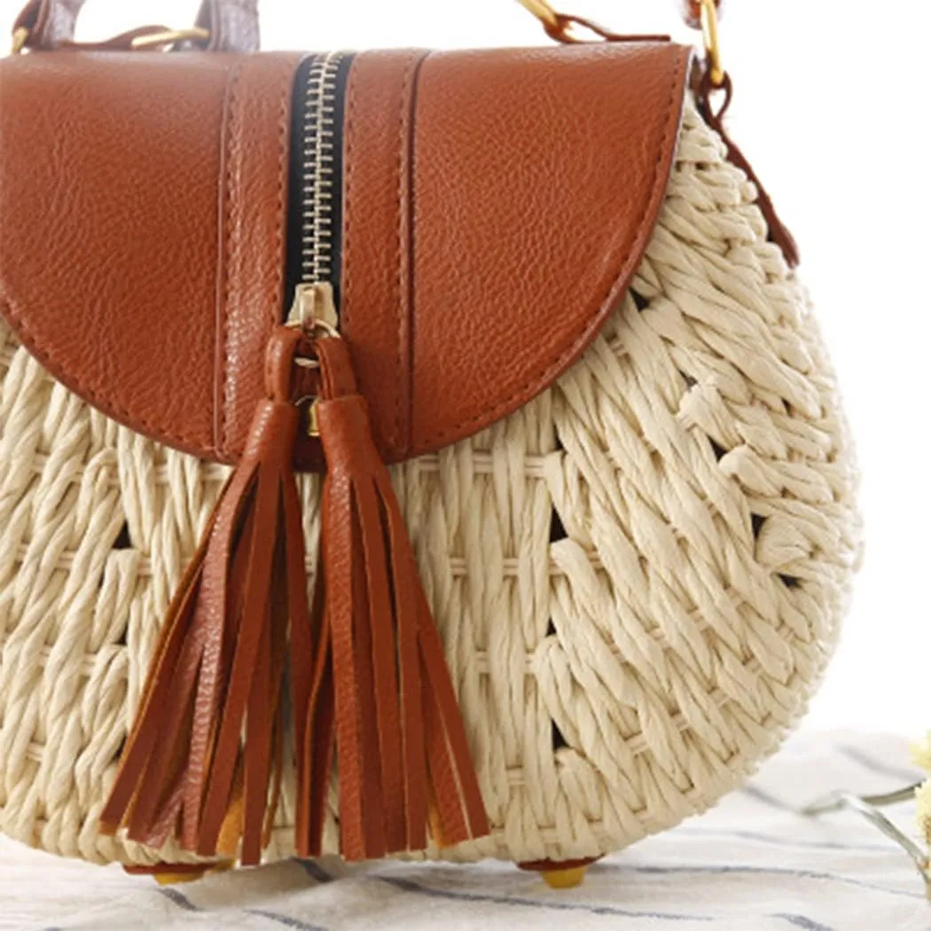 Handwoven Round Rattan Bag Beach Style Woven Shoulder Bag with Leather Strap