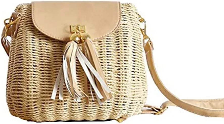 Handwoven Round Rattan Bag Beach Style Woven Shoulder Bag with Leather Strap