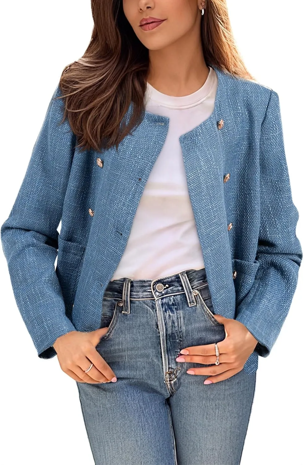 Happy Sailed Womens Cropped Tweed Blazers Casual Long Sleeve Double Breasted Open Front Blazer Jackets Work Suits