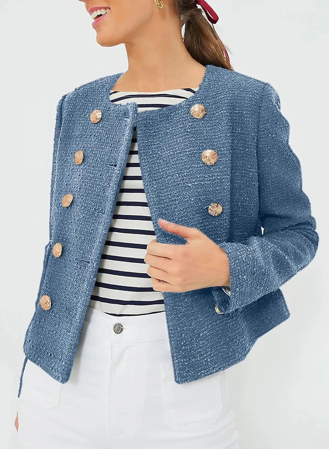Happy Sailed Womens Cropped Tweed Blazers Casual Long Sleeve Double Breasted Open Front Blazer Jackets Work Suits