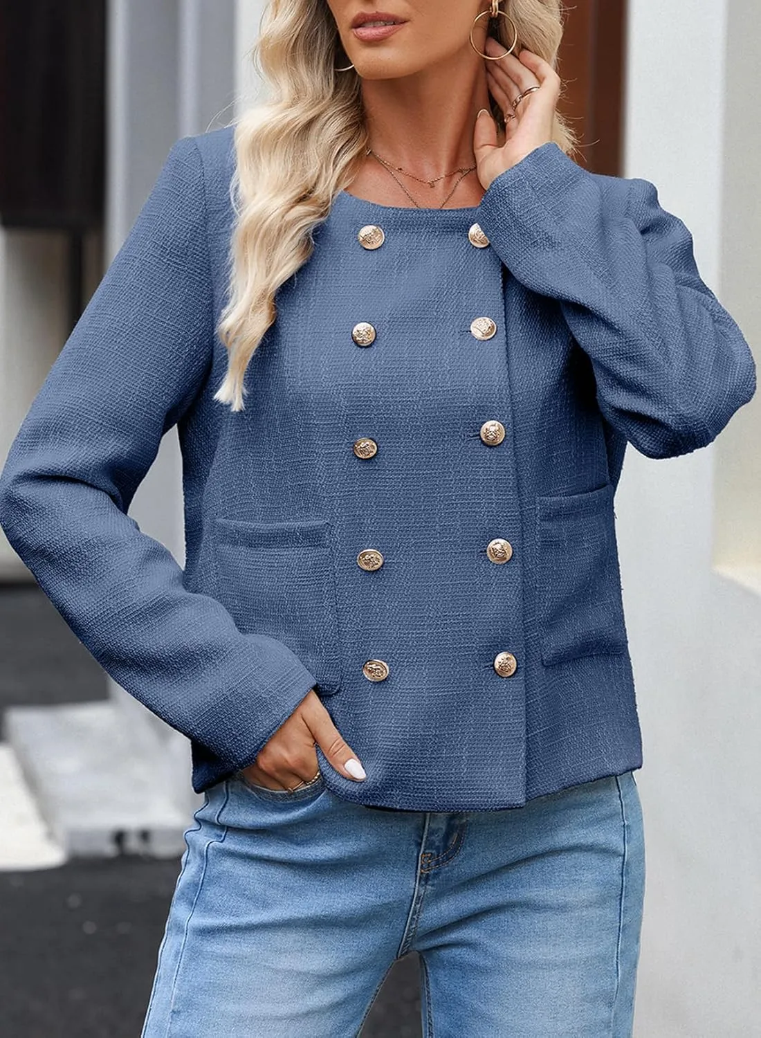 Happy Sailed Womens Cropped Tweed Blazers Casual Long Sleeve Double Breasted Open Front Blazer Jackets Work Suits