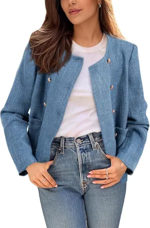 Happy Sailed Womens Cropped Tweed Blazers Casual Long Sleeve Double Breasted Open Front Blazer Jackets Work Suits