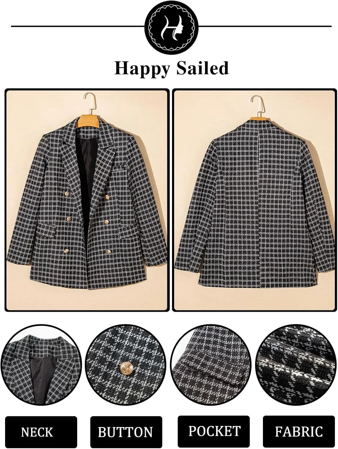 Happy Sailed Womens Plaid Tweed Blazers Dressy Casual Long Sleeve Double Breasted Open Front Blazer Jackets Work Suits