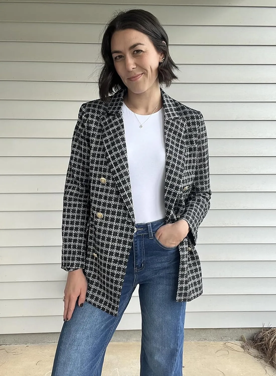Happy Sailed Womens Plaid Tweed Blazers Dressy Casual Long Sleeve Double Breasted Open Front Blazer Jackets Work Suits