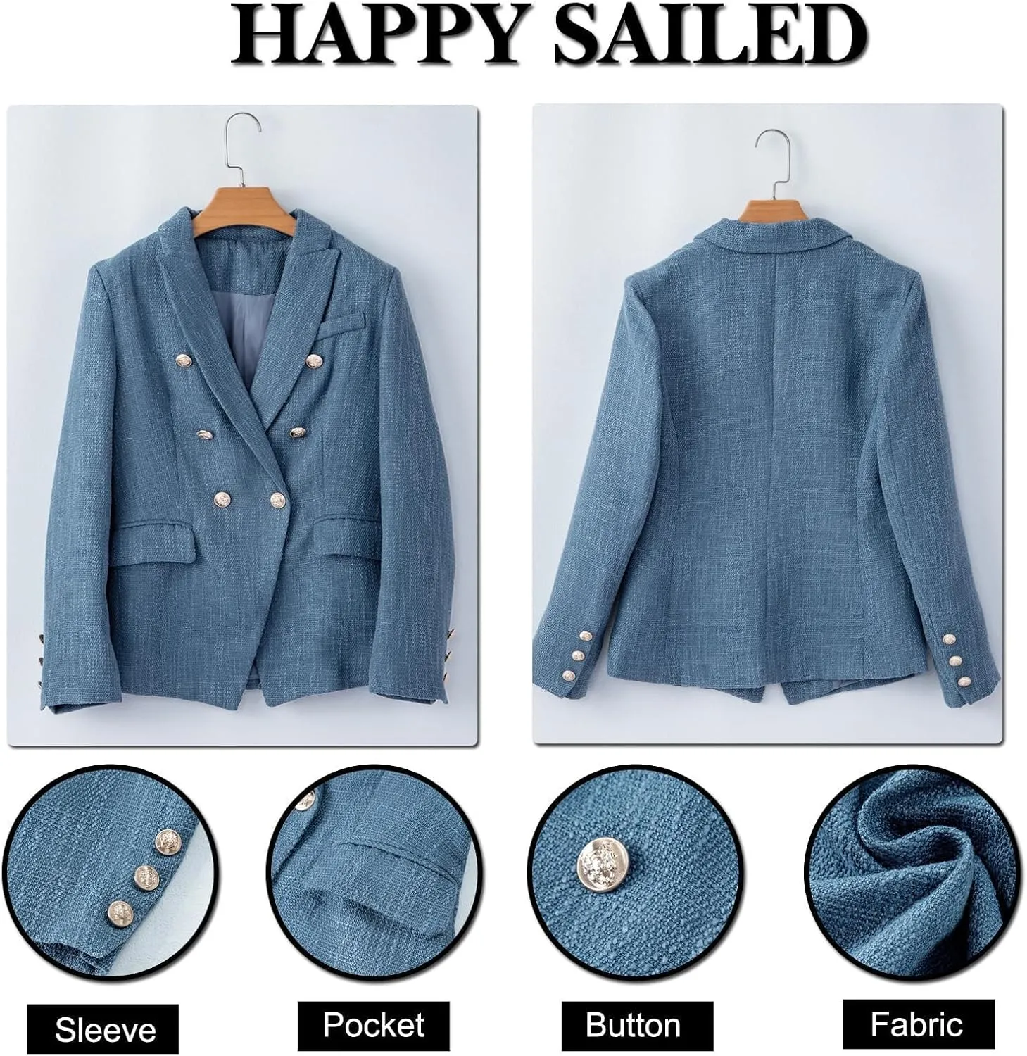 Happy Sailed Womens Tweed Blazers Casual Long Sleeve Double Breasted Open Front Blazer Jackets Work Suits