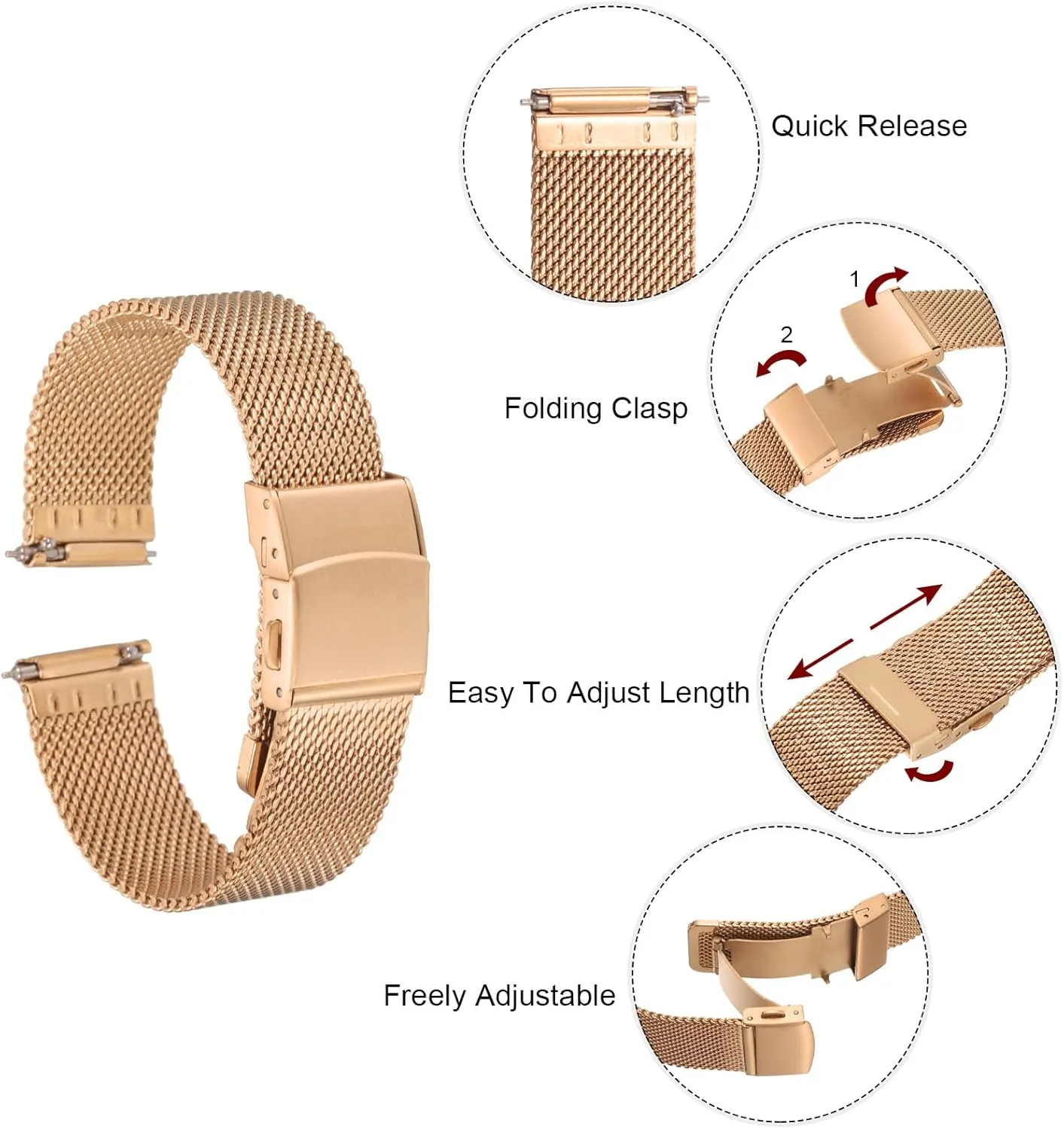 HARFINGTON Stainless Steel Mesh Watch Band Quick Release Metal Watch Strap Adjustable Fold Clasp Replacement Bands for Men Women