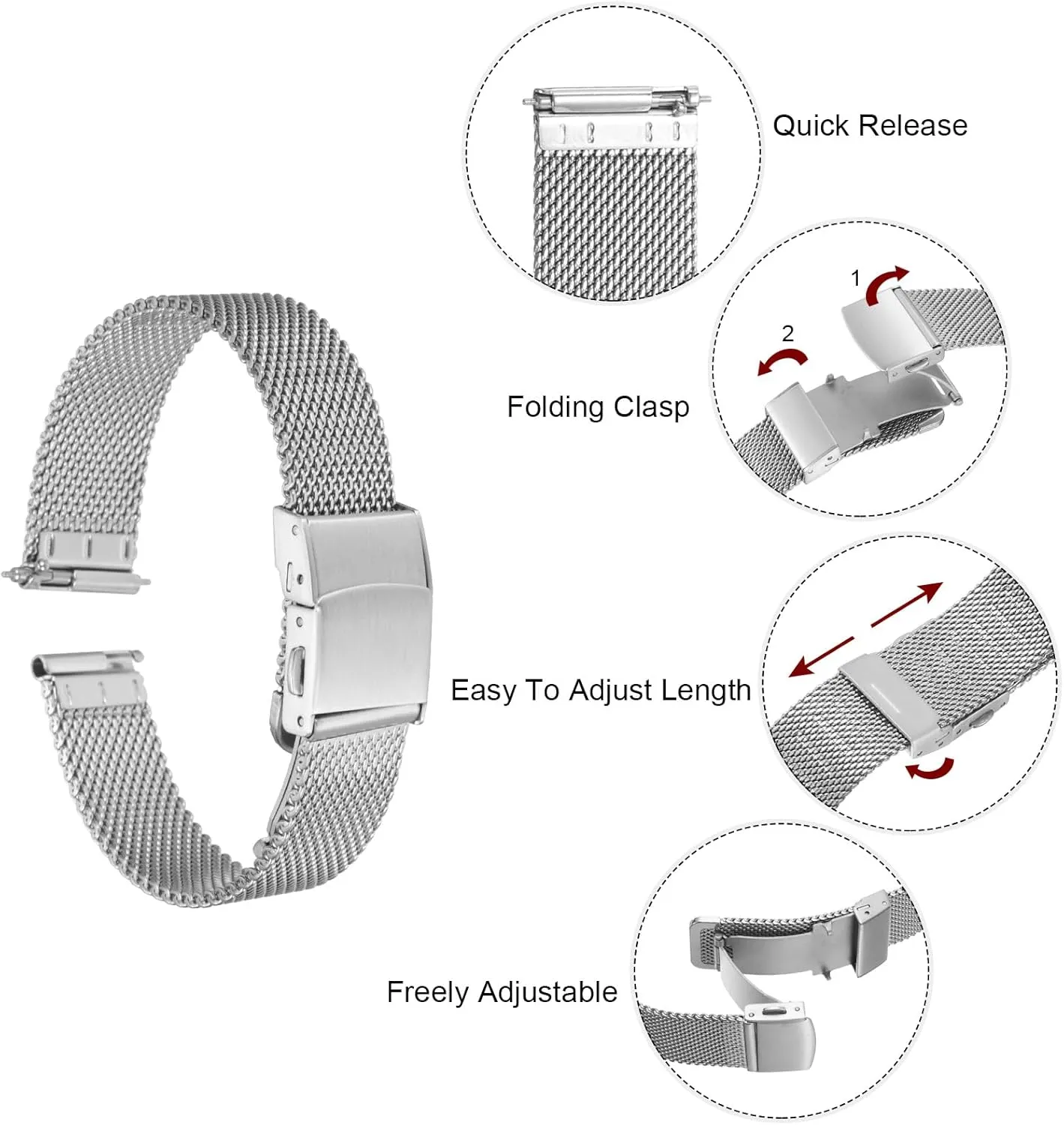 HARFINGTON Stainless Steel Mesh Watch Band Quick Release Metal Watch Strap Adjustable Fold Clasp Replacement Bands for Men Women