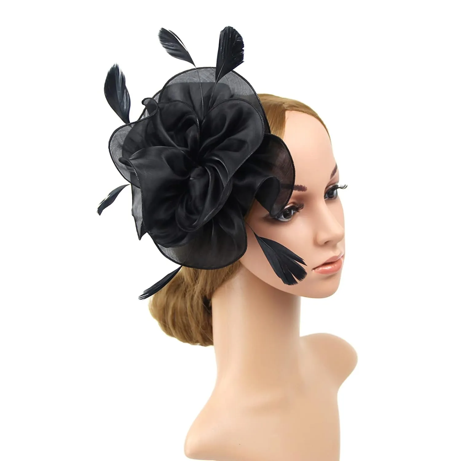 Hat For Women Wedding Flower Cocktail Mesh Feathers Hair Clip Tea Party Headband Hair Band Add Waves (Black, One Size)