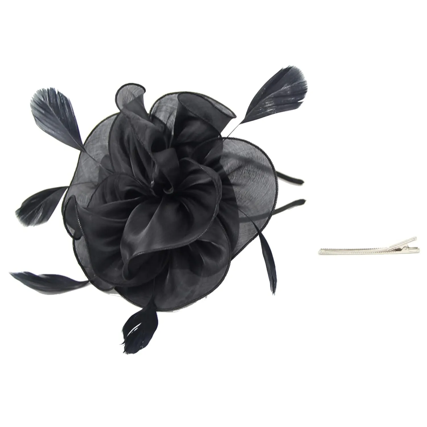 Hat For Women Wedding Flower Cocktail Mesh Feathers Hair Clip Tea Party Headband Hair Band Add Waves (Black, One Size)