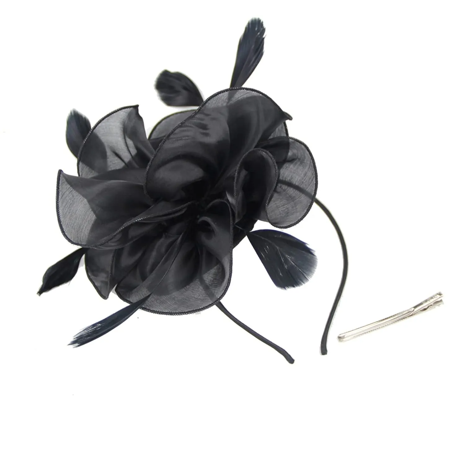 Hat For Women Wedding Flower Cocktail Mesh Feathers Hair Clip Tea Party Headband Hair Band Add Waves (Black, One Size)