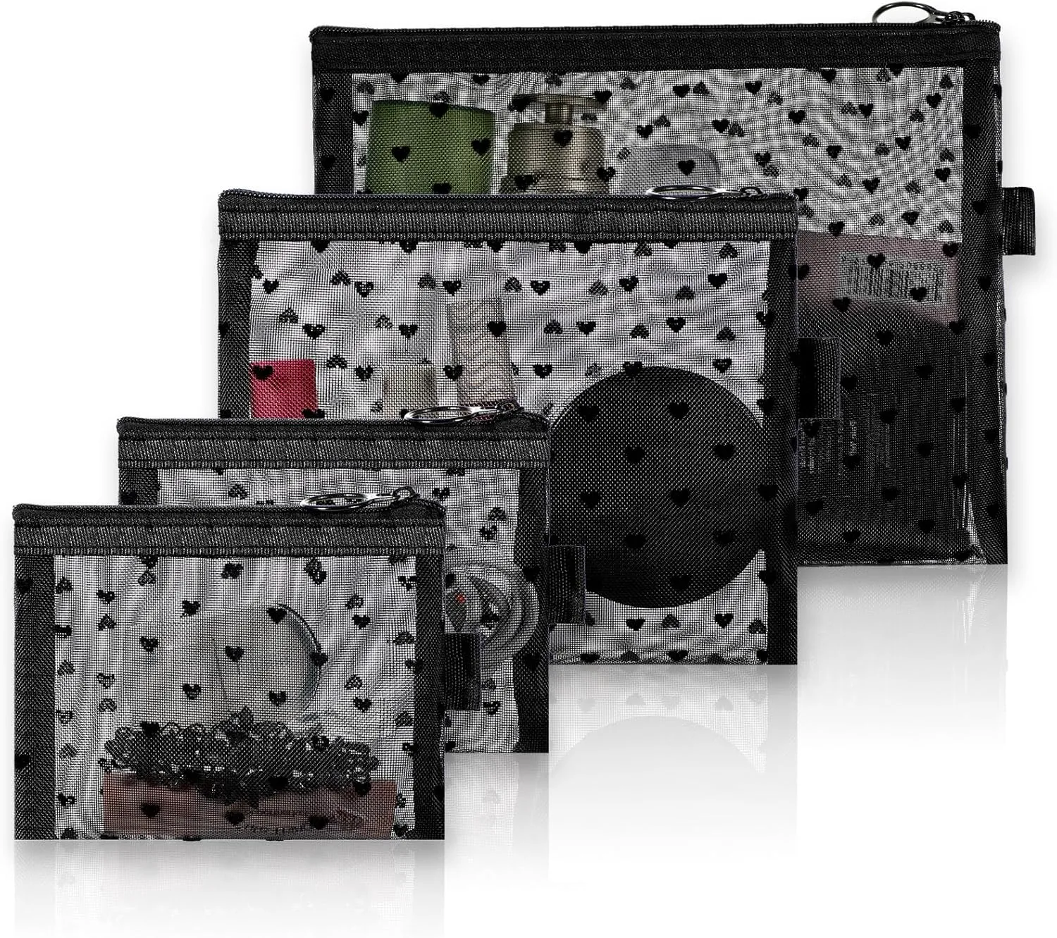 Heart Printed Mesh Makeup Bag Set, Small Mesh Cosmetic Bags Portable Travel Make up Purse Bag Heart Print Zipper Pouch Toiletry Bags for Daily or Travel Use (Black)