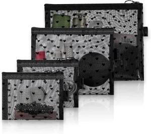 Heart Printed Mesh Makeup Bag Set, Small Mesh Cosmetic Bags Portable Travel Make up Purse Bag Heart Print Zipper Pouch Toiletry Bags for Daily or Travel Use (Black)