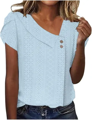 HGps8w Skew V Neck Tops for Women Summer Loose Short Sleeve Blouses 2025 Casual Solid Ladies Cute Going Out T-Shirts