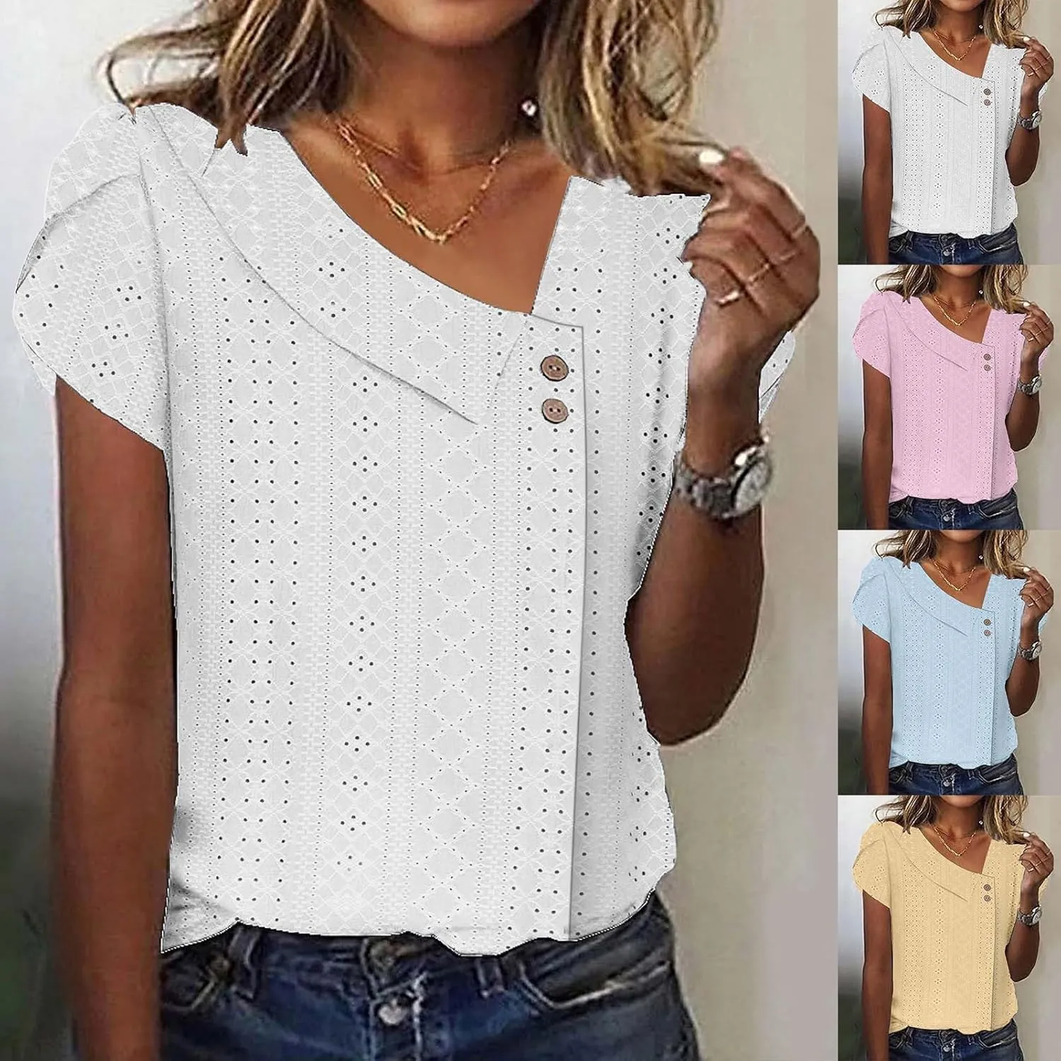 HGps8w Skew V Neck Tops for Women Summer Loose Short Sleeve Blouses 2025 Casual Solid Ladies Cute Going Out T-Shirts